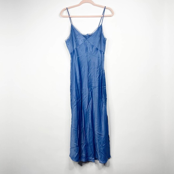 Zara Dresses & Skirts - ZARA Satin Effect Lace Slip Dress Medium Indigo Lace Trim Keyhole Midi #7044